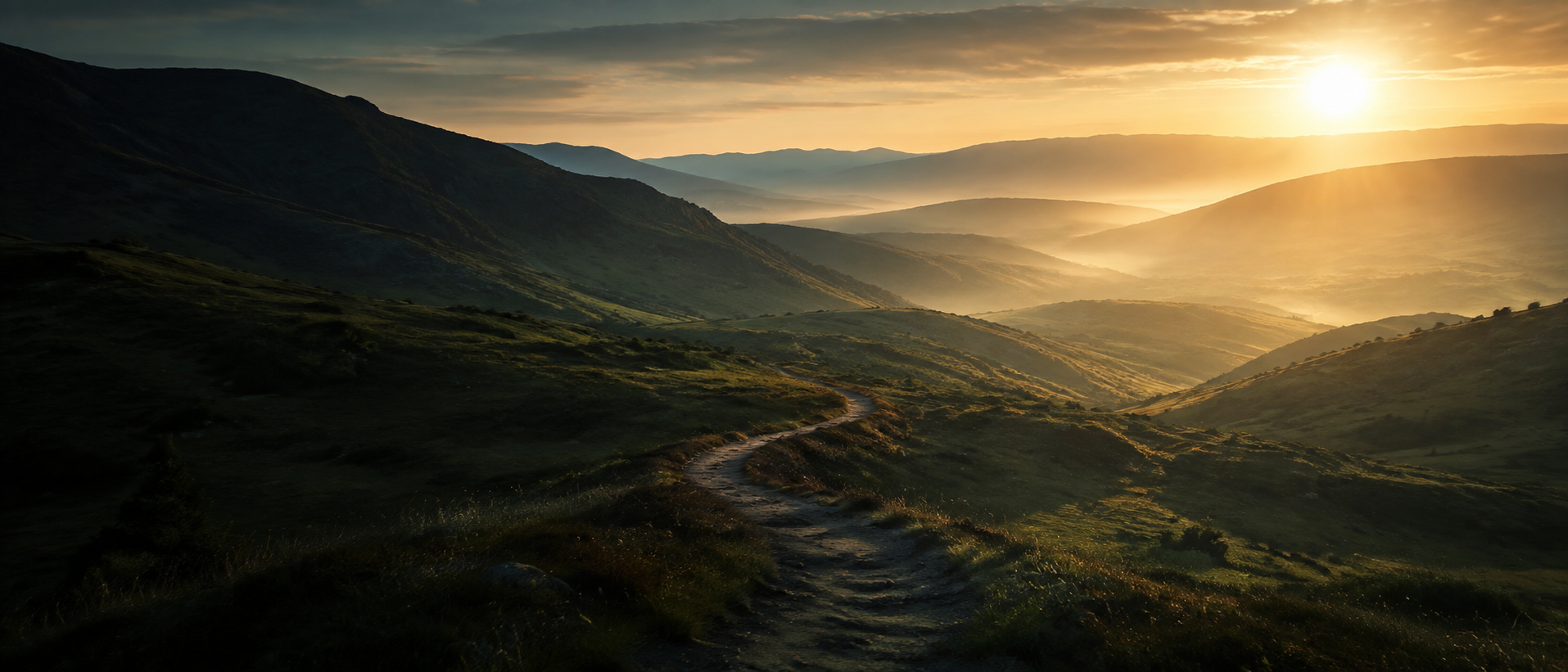 Amanhecer dourado sobre montanhas, com um caminho entre as colinas.